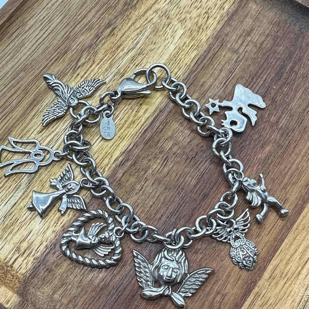 Milor Stainless Steel  Charm Bracelet with 8 Angel and Star Charms